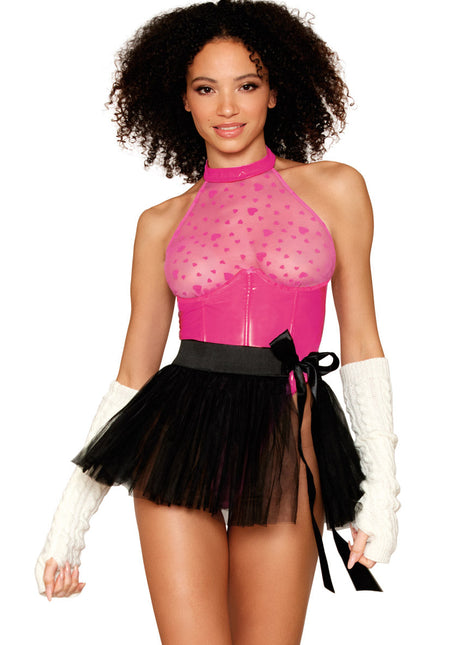 Pink Flocked Heart Teddy and Vinyl Bustier